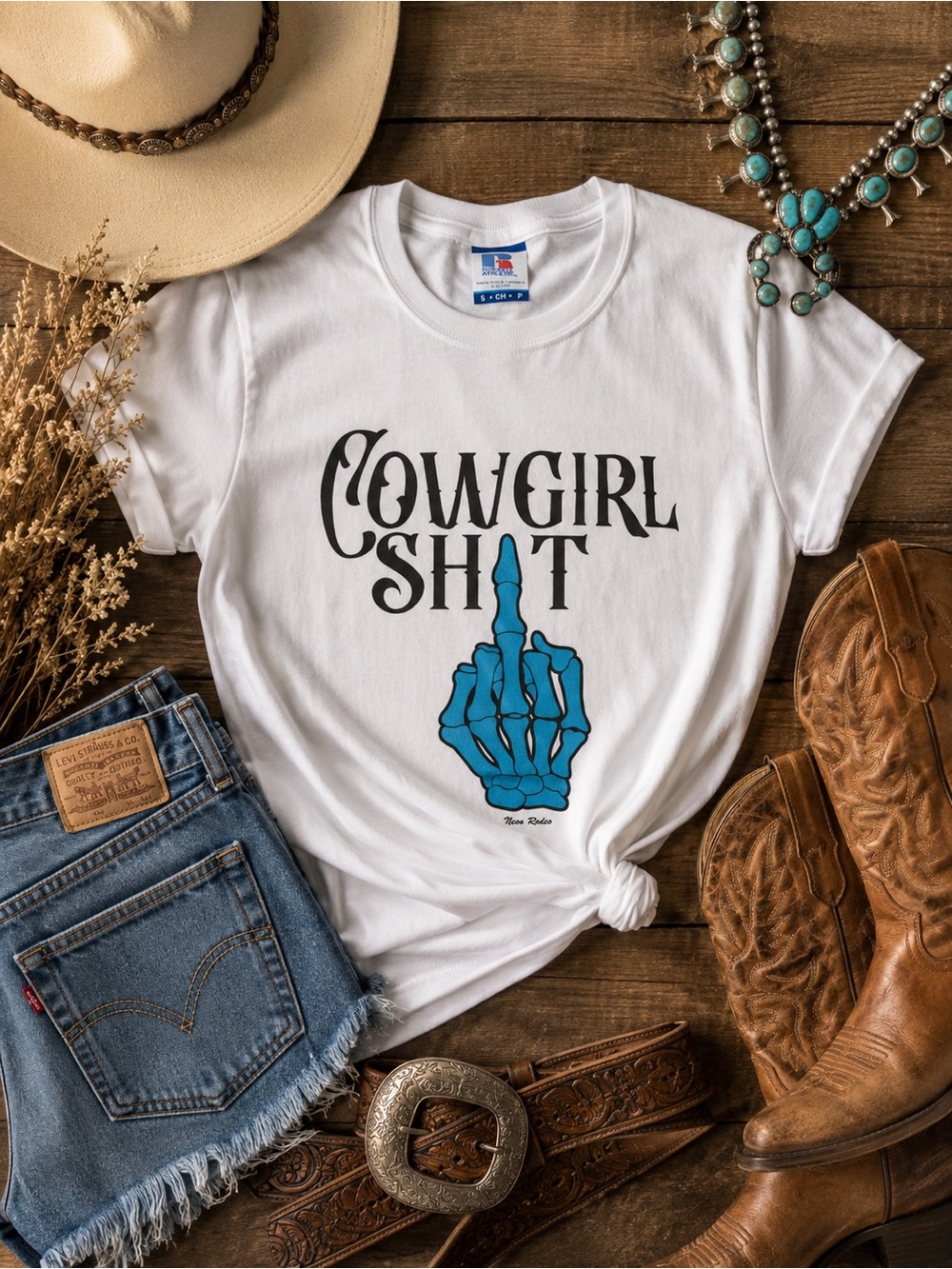 Cowgirl Shit Graphic Tee with Blue Skeleton Design